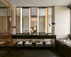 The bathroom of a room at The Bvlgari Hotel Shanghai